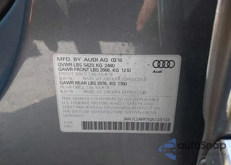 2016 Audi Q5 2.0T Premium from USA, damaged, VIN WA1L2AFP7GA123133